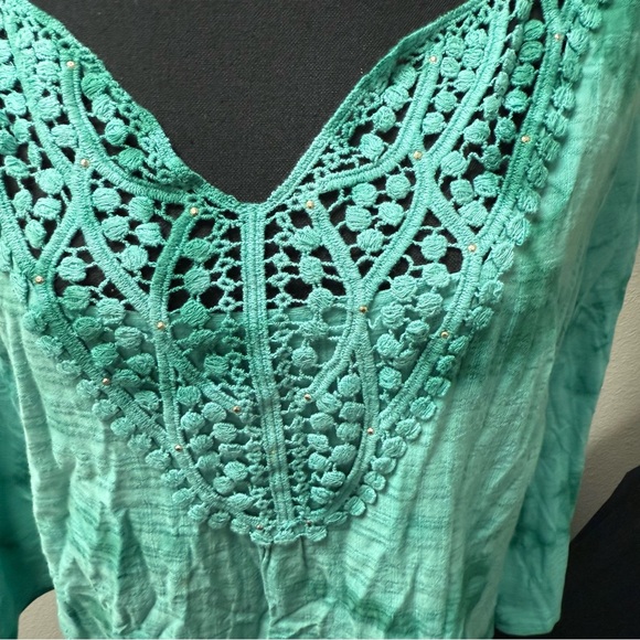 Reba Teal Tie-Dye Crochet Tunic Top L Boho Lace Trim Festival Beachy Spring - Picture 2 of 9